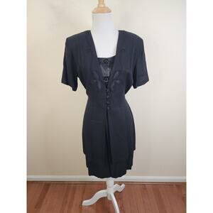 Maren Petite Women's 8P Black Layered Tie Back Dress Button Down Embroidered